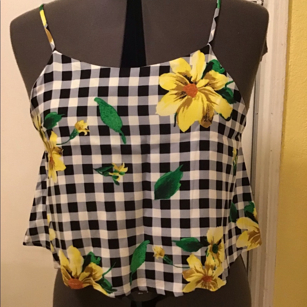 Camisole, black/white plaid with yellow flowers.